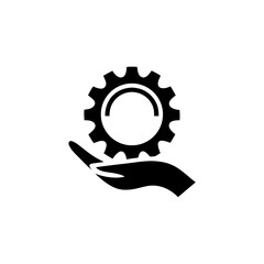 Hand holding a gear wheel in black color on transparent background silhouette