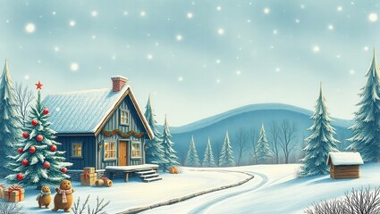 A painting of a house in the middle of a snowy landscape