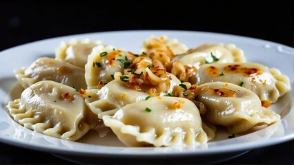 Traditional dumplings vareniki with potato filling and fried onions on white plate