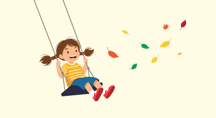 A cheerful young girl enjoys a carefree autumn day swinging on a swing set as colorful leaves gently fall around her, evoking joy and nostalgia.