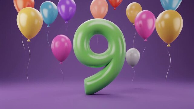 Number 9 surrounded by balloons. Festive video for birthday or anniversary party