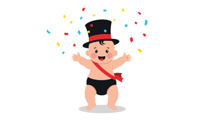 A cheerful cartoon baby wearing a top hat and sash celebrates with confetti falling around them, symbolizing a new year or special occasion.