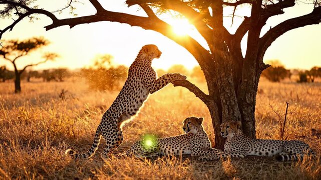 A cheetah stands playfully against a tree, while two cheetahs rest nearby in the golden grass. The warm sunlight casts a beautiful glow on the scene, highlighting the graceful chee