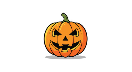 A cheerfully spooky jack-o'-lantern with a classic carved face and green stem is displayed against a plain white background, perfect for Halloween designs.