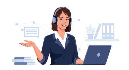 Friendly customer service representative wearing a headset and gesturing while working on a laptop at a desk, offering assistance.
