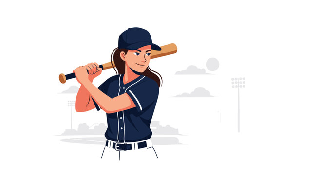 Confident female baseball player preparing to swing the bat on the field, showcasing athletic skill and determination during a game or practice session.