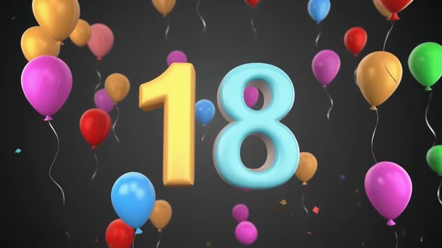Number 18 surrounded by balloons. Festive video for birthday or anniversary party