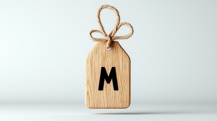 A simple wooden tag with the letter M embossed on it, tied with a jute string, against a plain background.