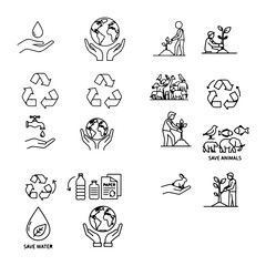 Save water silhouette Earth in hand Tree planting silhouette Recycling symbols Save animals