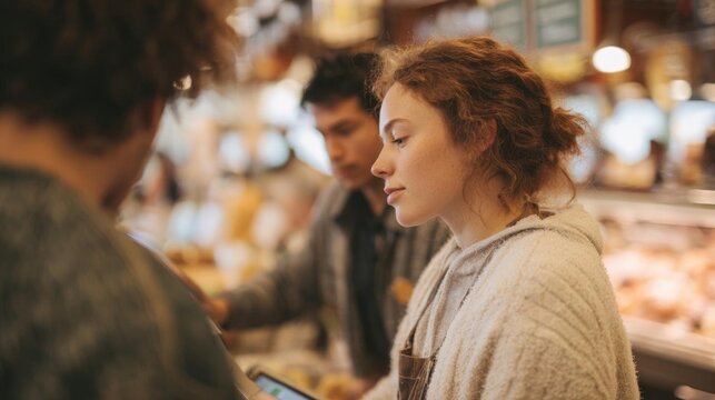 Young woman with curly hair standing in a grocery store. she is wearing a gray hoodie and appears to be looking at a tablet in her hands. - Powered by Adobe