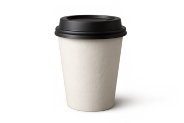 Disposable coffee paper cup with black lid, ready for takeaway drink, on a transparent background