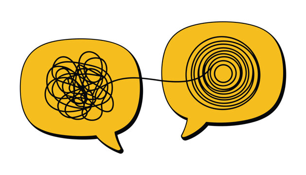 Two yellow speech bubbles connected by a line one with tangled lines the other with concentric circles