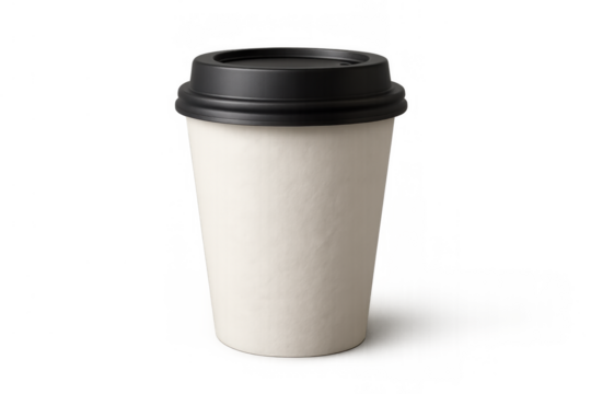 Disposable coffee paper cup with black lid, ready for takeaway drink, on a transparent background