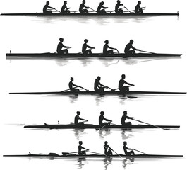 set of people riding a cano black and white silhouette illustration