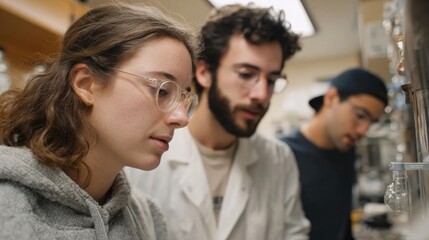 Three young people in a laboratory setting. they are all wearing lab coats and appear to be working together on a project.