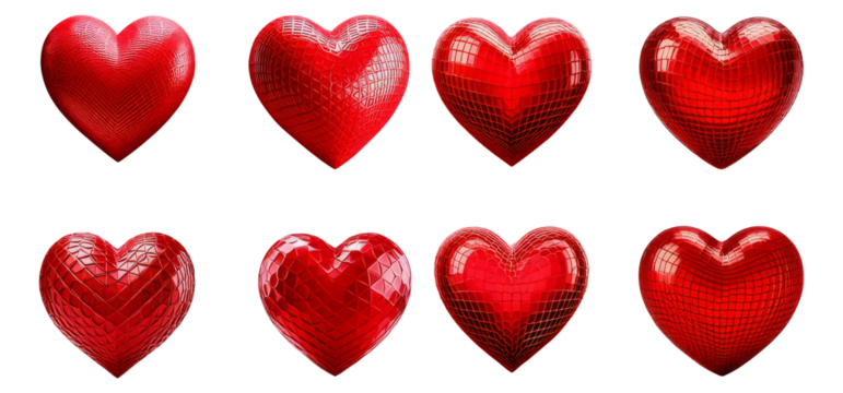 Various Red Heart Designs with Unique Textures and Shapes, Isolated on Transparent, white background