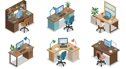 Isometric home office desk setups with computers, plants, and accessories