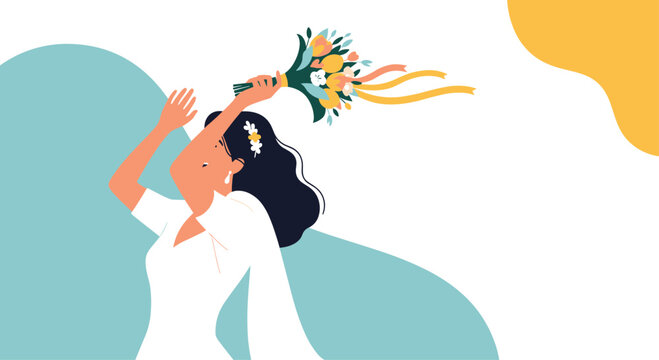 Joyful bride tossing her bouquet during a wedding celebration, a moment of fun and anticipation for single guests hoping to catch it.