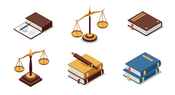 Isometric legal objects: scales of justice, books, and gavel in 3d design - Powered by Adobe