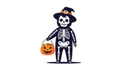 A charming illustration depicts a child dressed in a skeleton costume with a witch's hat, cheerfully holding a pumpkin-shaped trick-or-treat bucket for Halloween festivities.