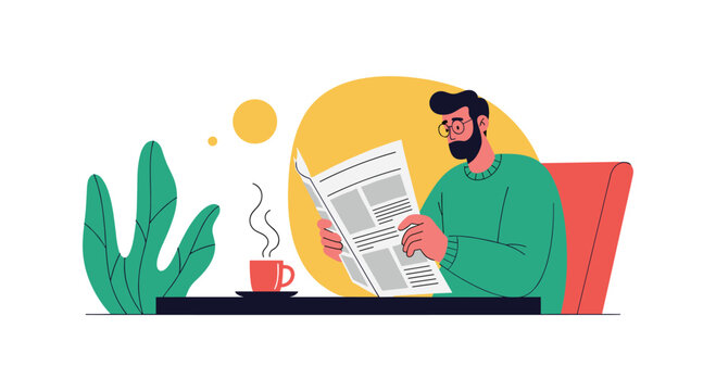 A man enjoys a quiet morning routine, reading the newspaper with a cup of coffee at a table, creating a peaceful and relaxed atmosphere.