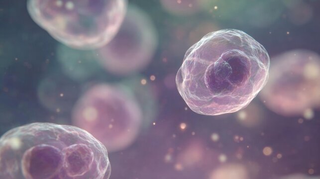 Group of spherical objects floating in the air. the objects appear to be made of a translucent material, with a pinkish-purple hue. they are spherical in shape and have a smooth, shiny surface.