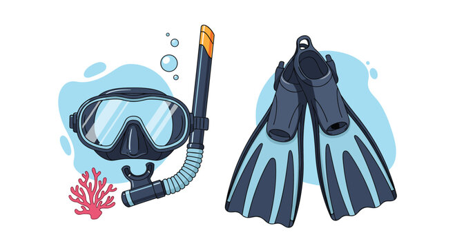 Colorful illustration of snorkeling gear including a mask, snorkel, and fins, perfect for depicting underwater adventures and summer activities.