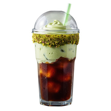 Iced matcha latte with pistachio crumble, served in a clear plastic cup with a dome lid and straw, isolated on transparent background