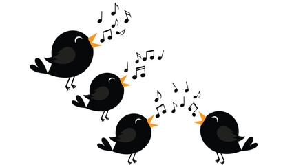 A cheerful illustration depicts four black birds singing, with musical notes floating around them, conveying a sense of joy and harmony in nature.