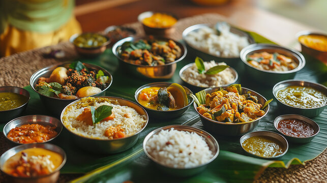 Traditional South Indian feast served on banana leaf indoors