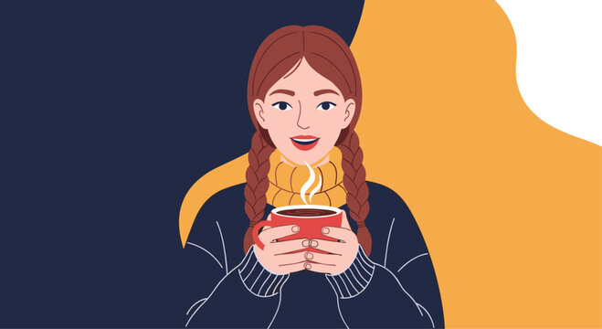 A cheerful young woman with braided hair enjoys a warm beverage, holding a steaming mug with both hands against a split color background.