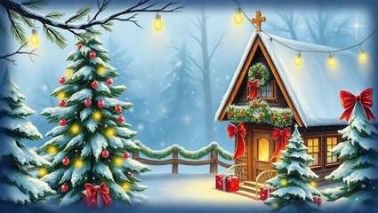 A painting of a small house in the middle of a snowy forest