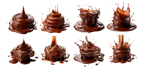 Delicious Chocolate Splashes and Swirls Perfect for Dessert Photography, Isolated on Transparent, white background