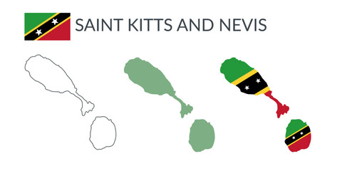 Saint Kitts and Nevis geographical borders isolated on white background. Flag of Saint Kitts and Nevis. Vector flat cliparts.