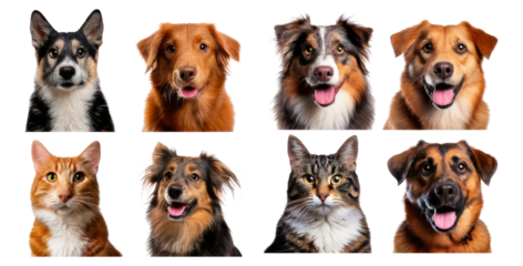 Adorable Dog and Cat Faces on a White Background in Clear Portraits, Isolated on Transparent, white background
