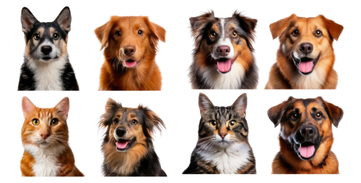 Adorable Dog and Cat Faces on a White Background in Clear Portraits, Isolated on Transparent, white background