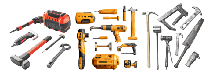 Professional Tool Collection for Construction and Repair Work, Isolated on Transparent, white background