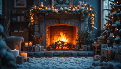 Cozy Christmas Fireplace Scene with Tree and Gifts