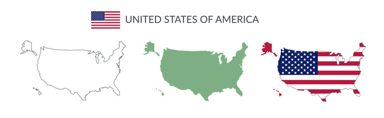 Obraz premium USA geographical borders isolated on white background. Flag of United States of America. Vector flat cliparts.