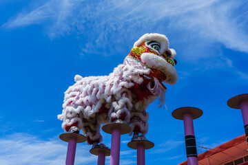 Lion dance and confetti during Chinese New Year celebration