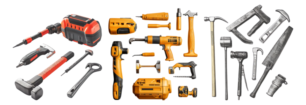 Professional Tool Collection for Construction and Repair Work, Isolated on Transparent, white background