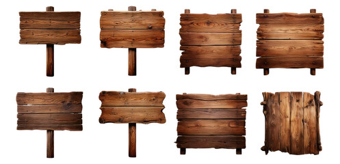 Various Wooden Signs for Directional and Informational Use, Isolated on Transparent, white background