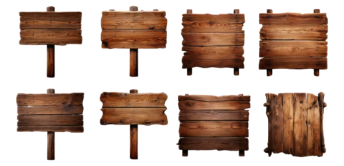 Various Wooden Signs for Directional and Informational Use, Isolated on Transparent, white background