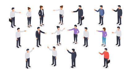 Diverse group of business people pointing in various directions in isometric style