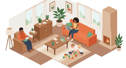 Fototapeta premium Cozy family living room with parents reading and kids playing in a modern isometric design