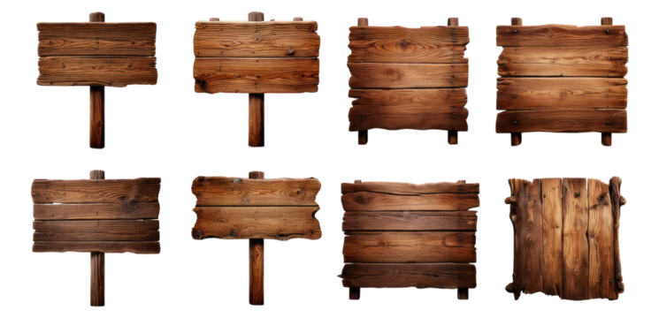 Various Wooden Signs for Directional and Informational Use, Isolated on Transparent, white background