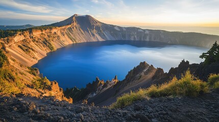 The caldera of a dormant volcano, now holding a pristine, deep blue crater lake, with steep, scree-covered slopes, viewed from the rim at sunrise, peaceful and majestic