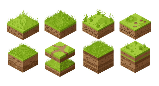 Isometric elements of grass and soil blocks for game design and landscaping