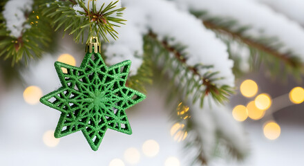 Green star ornament hanging on a snow-covered Christmas tree branch.