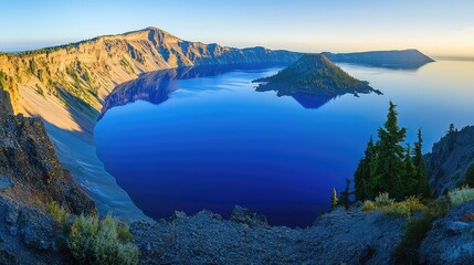 The caldera of a dormant volcano, now holding a pristine, deep blue crater lake, with steep, scree-covered slopes, viewed from the rim at sunrise, peaceful and majestic.